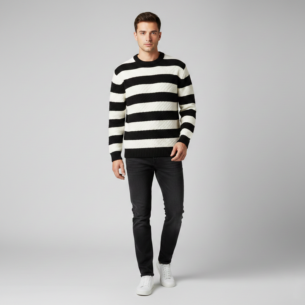 Men's sweater with black and white stripes