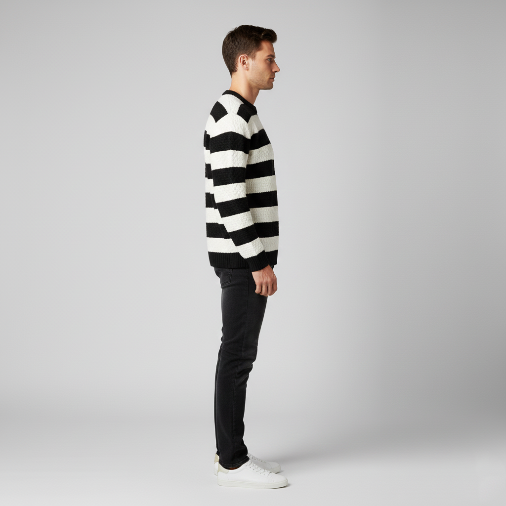 Men's sweater with black and white stripes