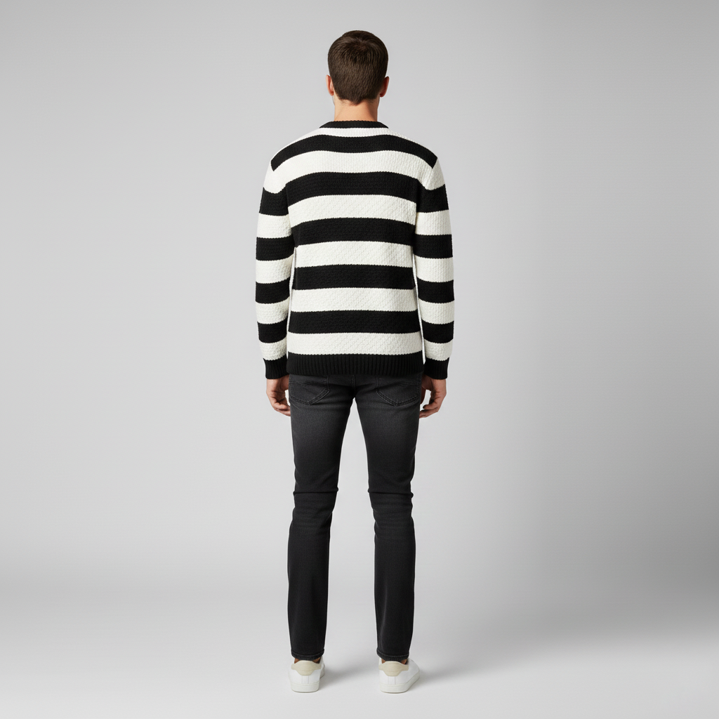 Men's sweater with black and white stripes