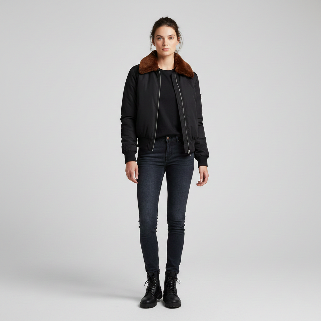 Women's bomber jacket with fur collar