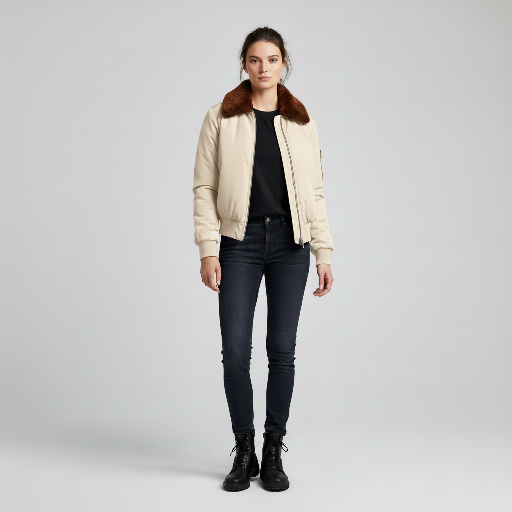 Women's bomber jacket with fur collar