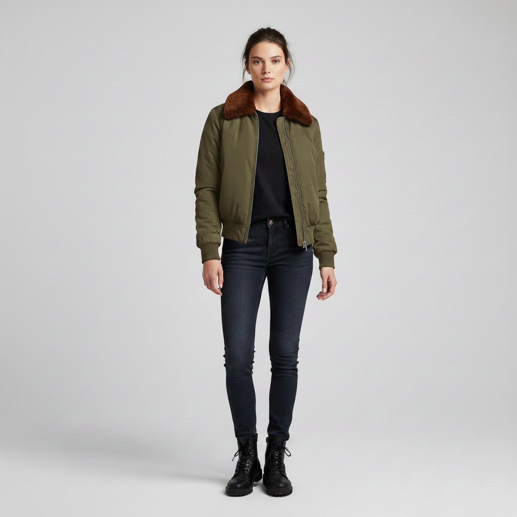 Women's bomber jacket with fur collar