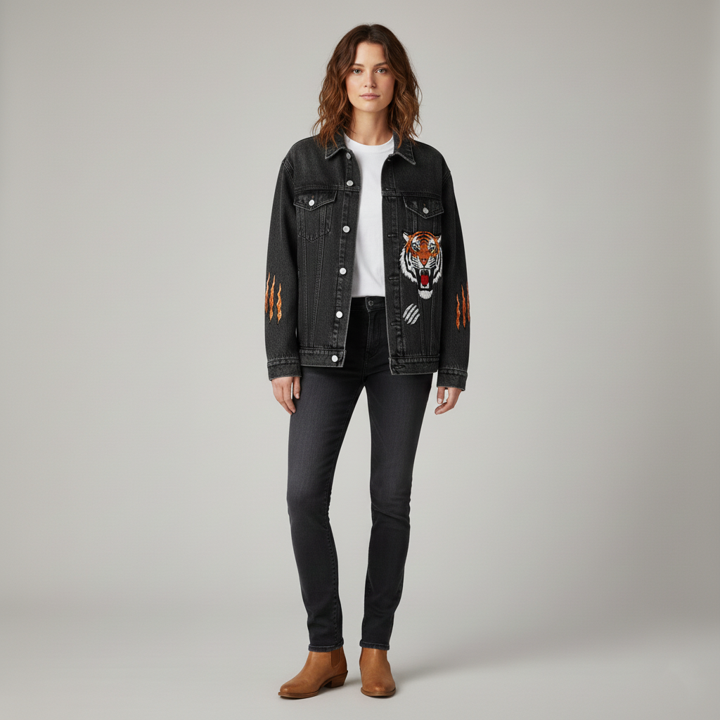 Women's denim jacket with tiger print patch