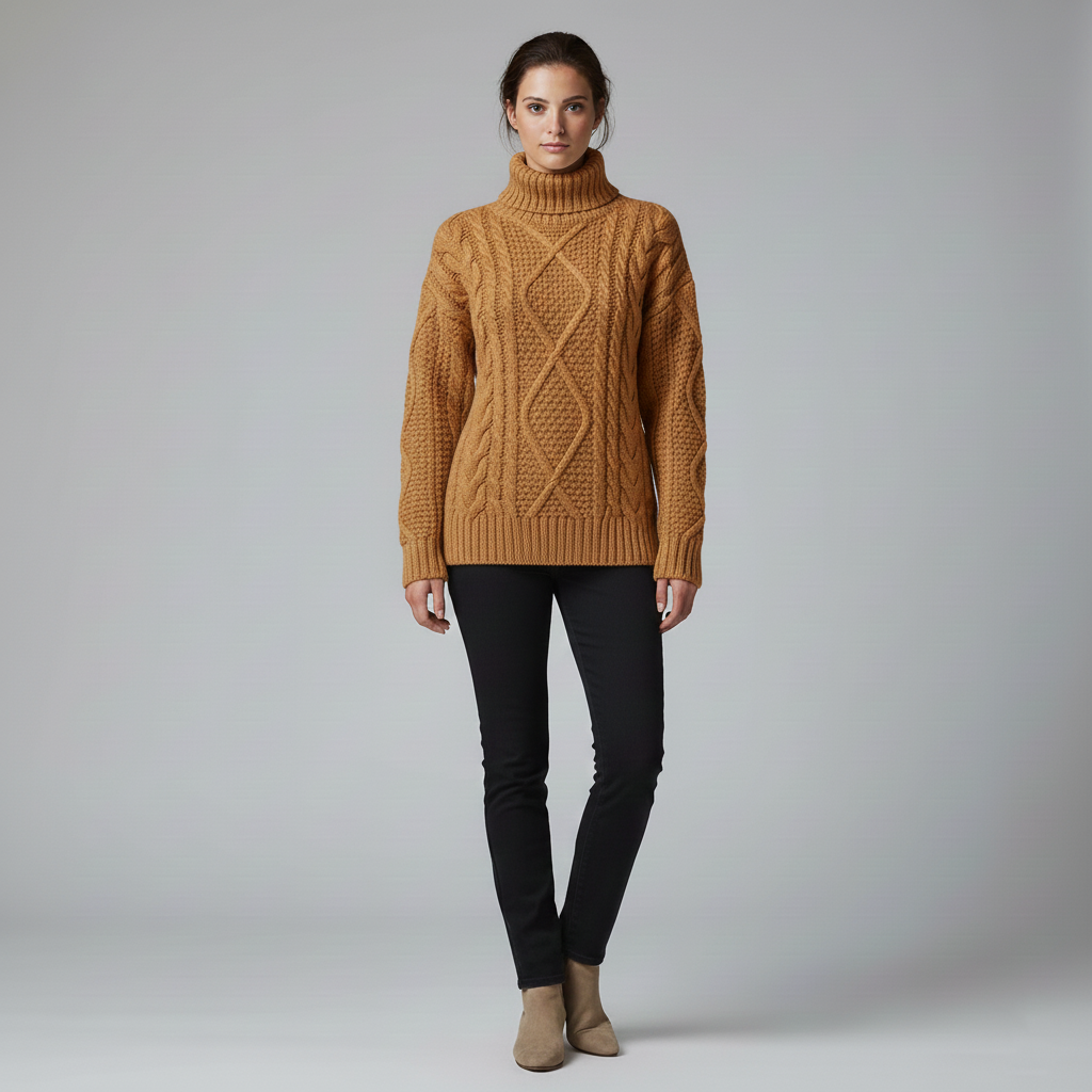 Women's knitted cable sweater with turtleneck