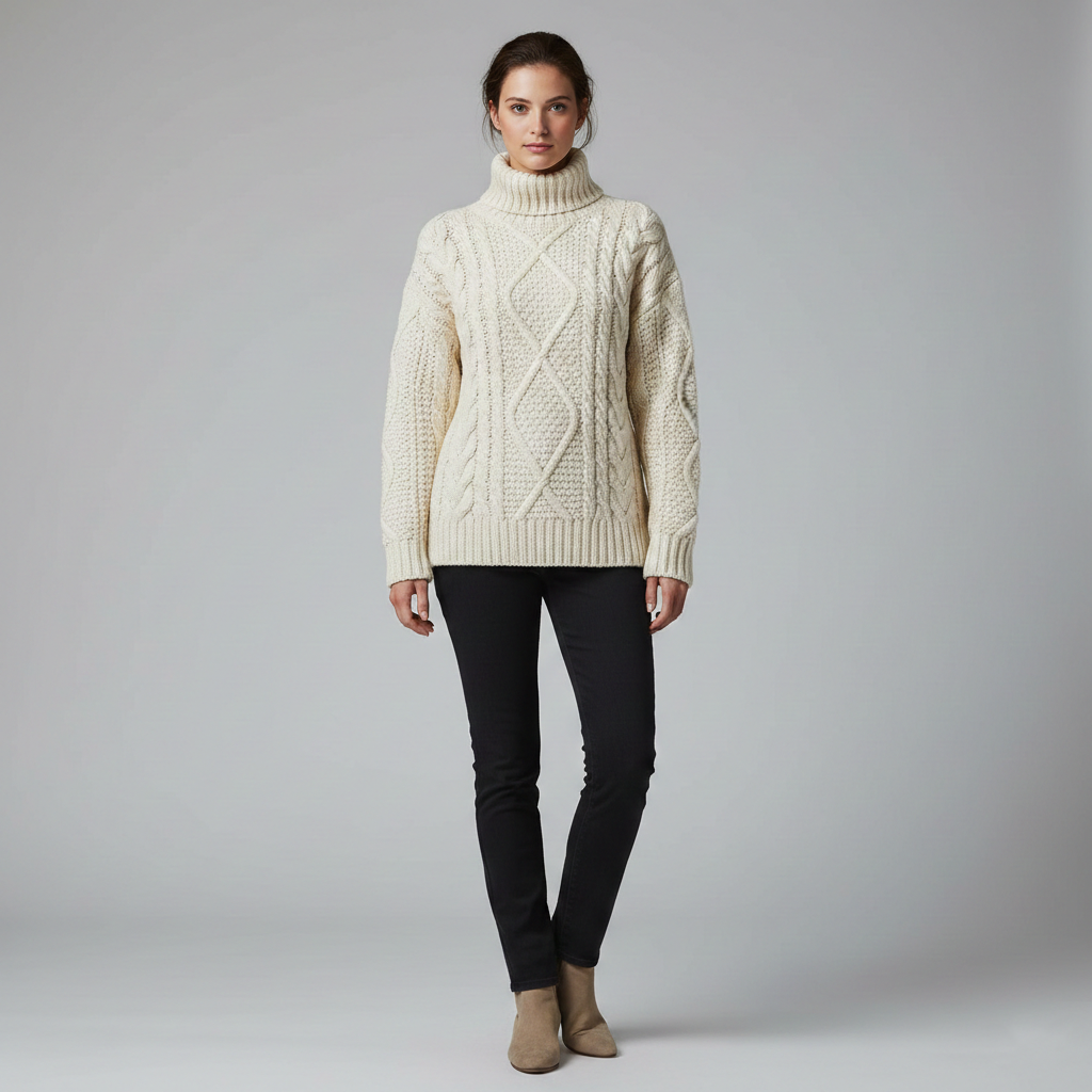 Women's knitted cable sweater with turtleneck