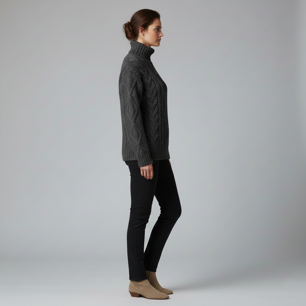 Women's knitted cable sweater with turtleneck