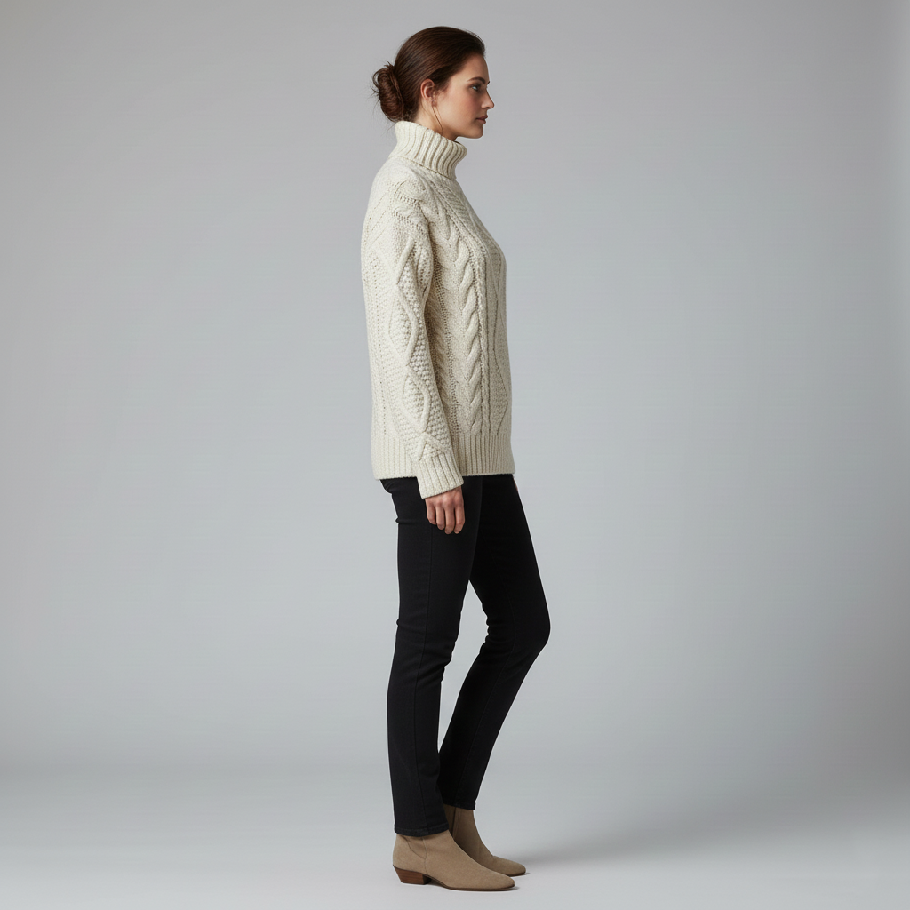 Women's knitted cable sweater with turtleneck