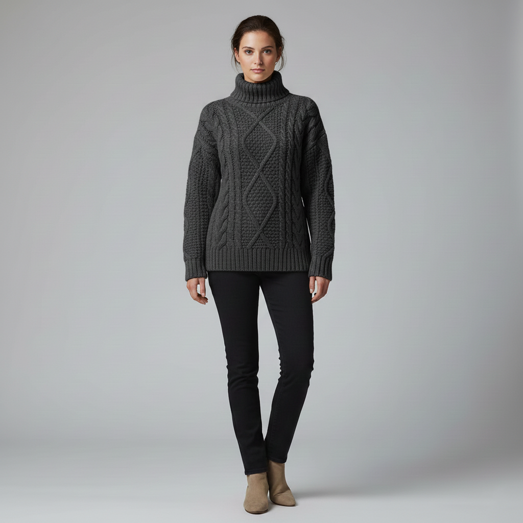 Women's knitted cable sweater with turtleneck
