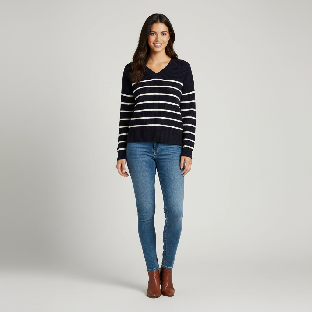 Women's striped sweater with V-neck