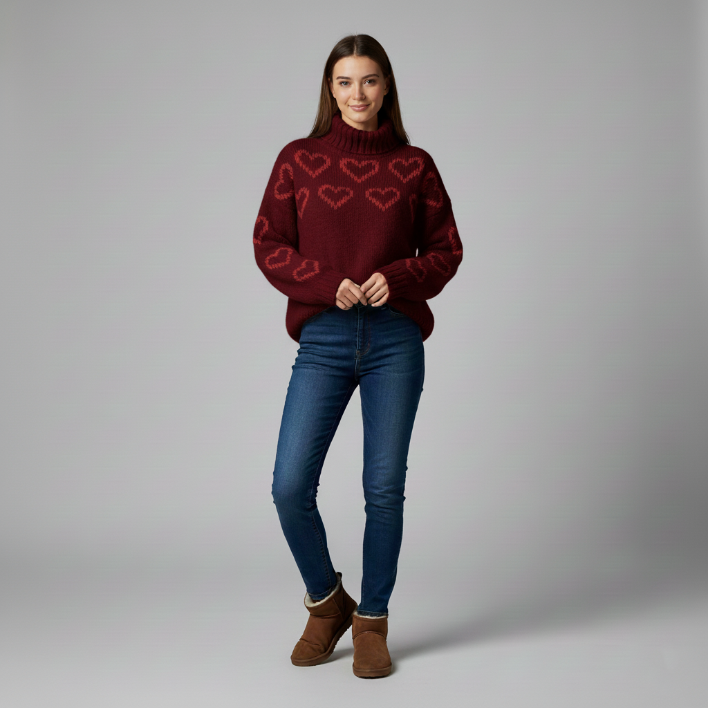 Women's warm sweater with heart pattern