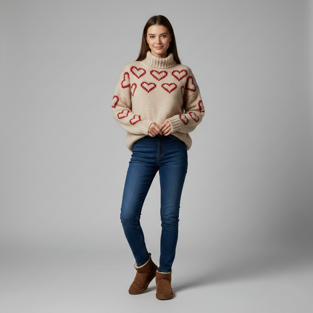 Women's warm sweater with heart pattern